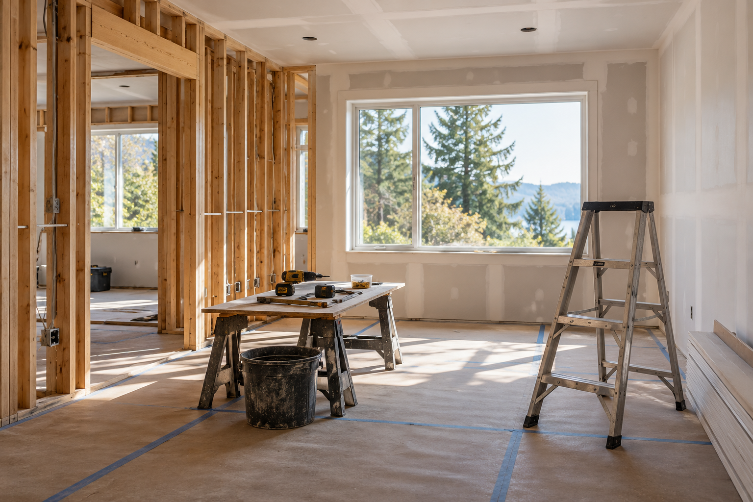 Illustrative renovation interior with exposed framing, taped drywall and organized tools